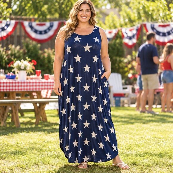 HEIMISH U.S.A. Dresses & Skirts - Heimish U.S.A. Women’s 2XL Navy Blue White Stars Maxi Dress Sleeveless Pockets